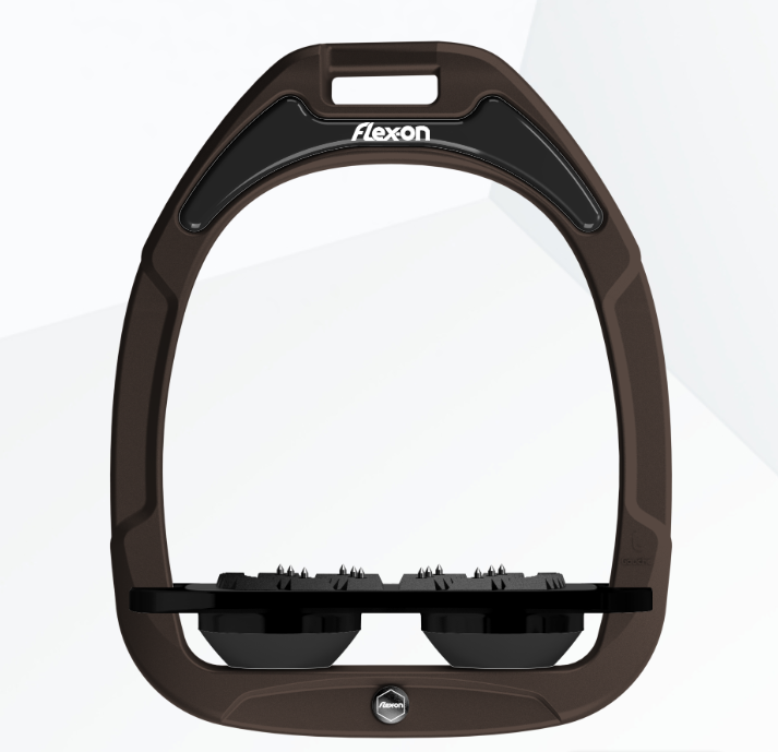 Flex-On Safe-On Stirrups - Brown Frame, Black Footbed, Black Shock Absorbers