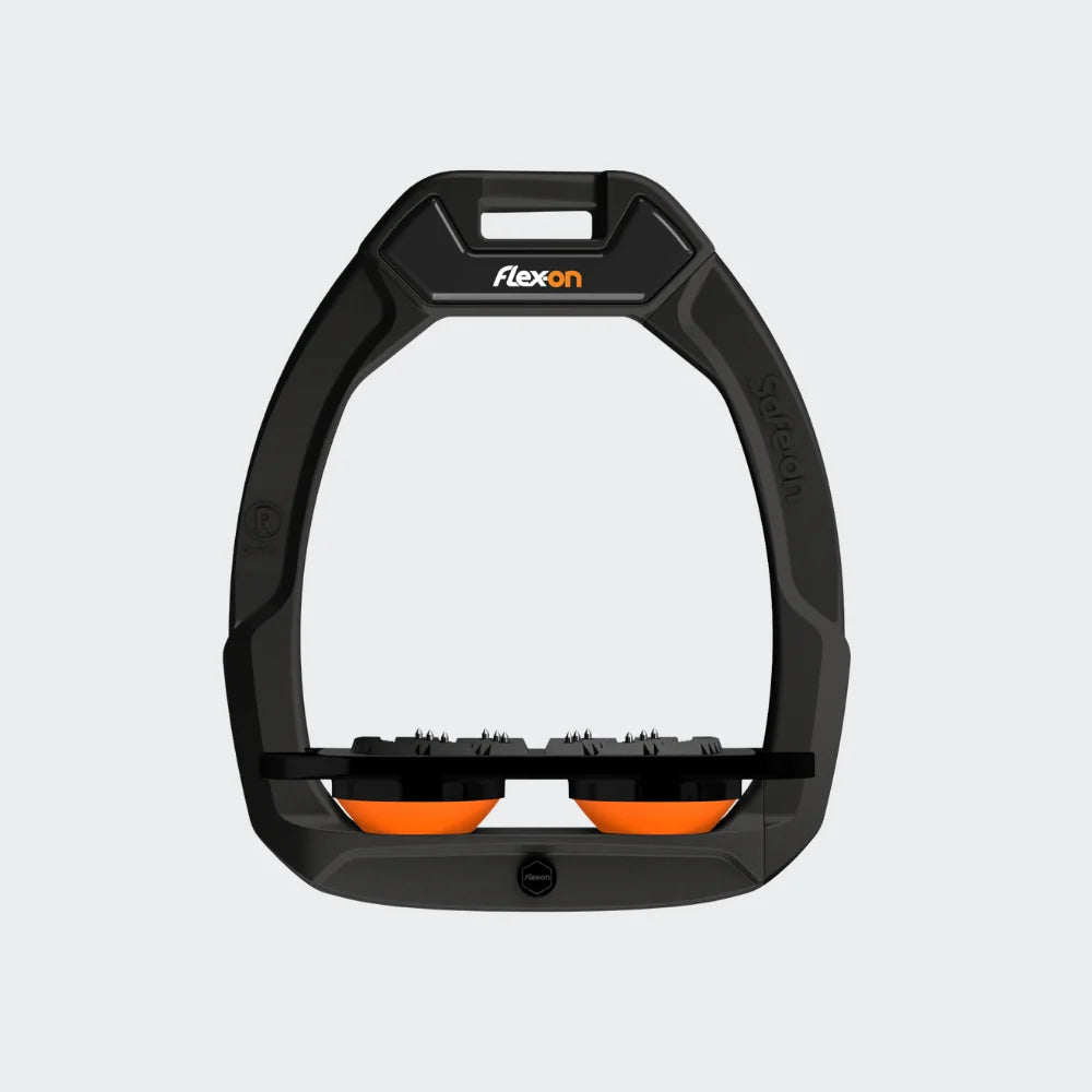 Flex-On Safe-On Stirrups - Black Frame, Black Footbed, Orange Shock Absorbers