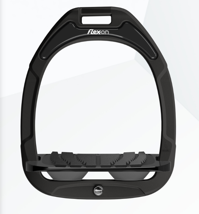 Flex-On Green Composite Stirrups - Black Frame, Black Footbed, Dark Grey Shock Absorbers