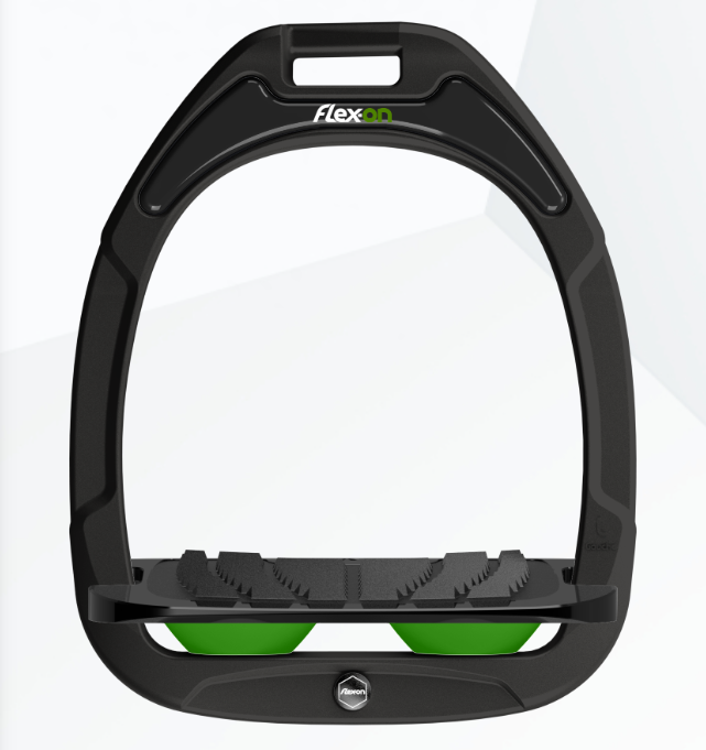 Flex-On Green Composite Stirrups - Black Frame, Black Footbed, Green Shock Absorbers