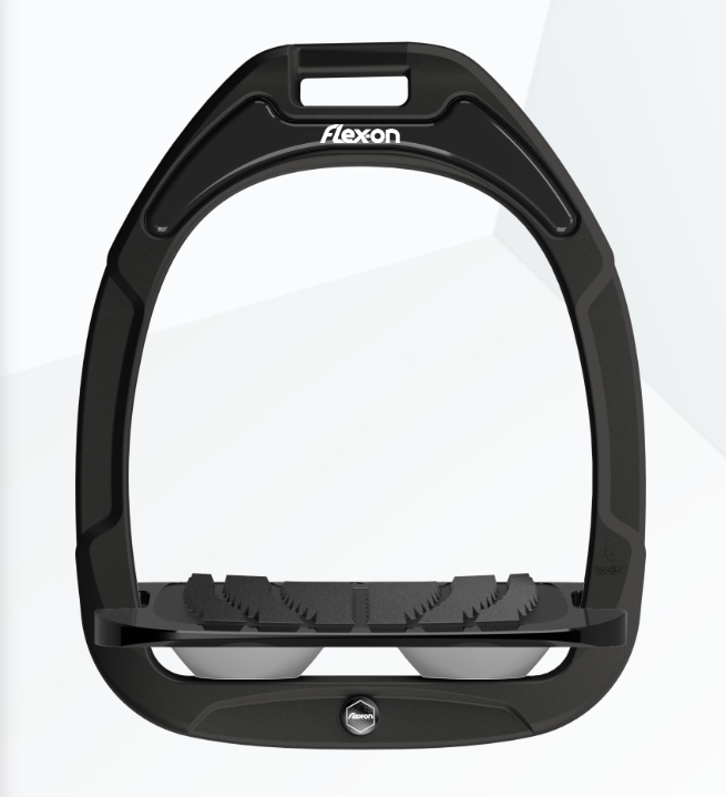 Flex-On Green Composite Stirrups - Black Frame, Black Footbed, Grey Shock Absorbers