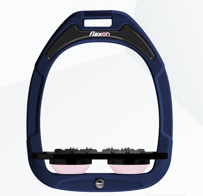 Flex-On Green Composite Stirrups - Navy Frame, Black Footbed, Baby Pink Shock Absorbers