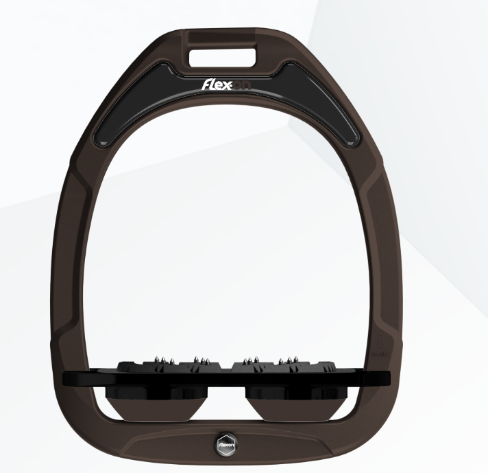 Flex-On Safe-On Stirrups - Brown Frame, Black Footbed, Brown Shock Absorbers