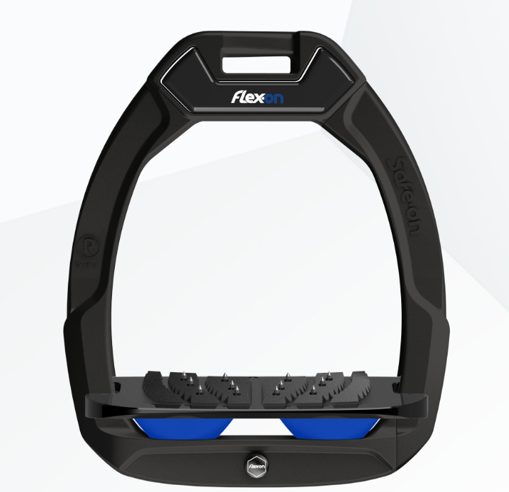 Flex-On Safe-On Stirrups - Black Frame, Black Footbed, Blue Shock Absorbers