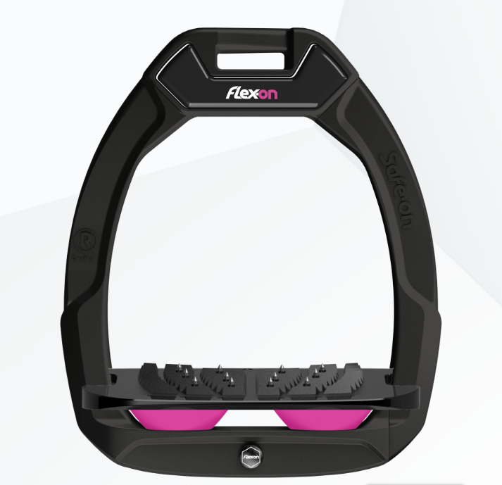 Flex-On Safe-On Stirrups - Black Frame, Black Footbed, Pink Shock Absorbers